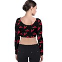 Red, hot jalapeno peppers, chilli pepper pattern at black, spicy Velvet Long Sleeve Crop Top View2