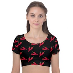 Red, Hot Jalapeno Peppers, Chilli Pepper Pattern At Black, Spicy Velvet Short Sleeve Crop Top  by Casemiro