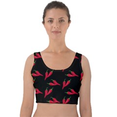 Red, Hot Jalapeno Peppers, Chilli Pepper Pattern At Black, Spicy Velvet Crop Top by Casemiro