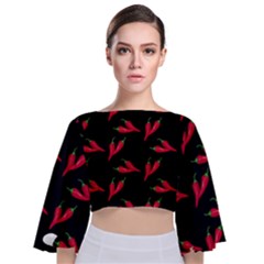 Red, Hot Jalapeno Peppers, Chilli Pepper Pattern At Black, Spicy Tie Back Butterfly Sleeve Chiffon Top by Casemiro