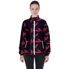 Red, hot jalapeno peppers, chilli pepper pattern at black, spicy Women s High Neck Windbreaker