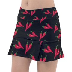 Red, hot jalapeno peppers, chilli pepper pattern at black, spicy Tennis Skorts