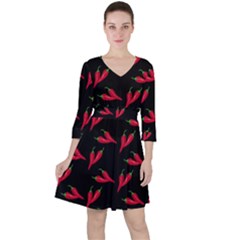 Red, hot jalapeno peppers, chilli pepper pattern at black, spicy Ruffle Dress