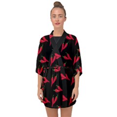 Red, Hot Jalapeno Peppers, Chilli Pepper Pattern At Black, Spicy Half Sleeve Chiffon Kimono by Casemiro