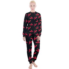 Red, Hot Jalapeno Peppers, Chilli Pepper Pattern At Black, Spicy Women s Lounge Set