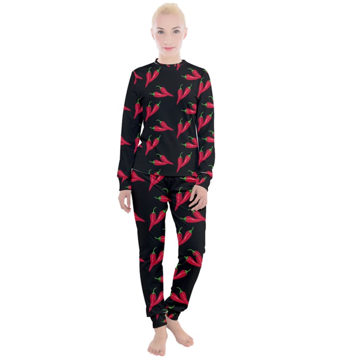 Red, hot jalapeno peppers, chilli pepper pattern at black, spicy Women s Lounge Set