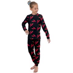 Red, hot jalapeno peppers, chilli pepper pattern at black, spicy Kids  Long Sleeve Set 