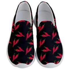 Red, Hot Jalapeno Peppers, Chilli Pepper Pattern At Black, Spicy Men s Lightweight Slip Ons