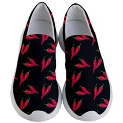 Red, hot jalapeno peppers, chilli pepper pattern at black, spicy Women s Lightweight Slip Ons
