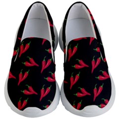Red, hot jalapeno peppers, chilli pepper pattern at black, spicy Kids Lightweight Slip Ons