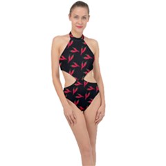 Red, hot jalapeno peppers, chilli pepper pattern at black, spicy Halter Side Cut Swimsuit