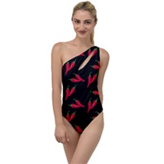 Red, hot jalapeno peppers, chilli pepper pattern at black, spicy To One Side Swimsuit