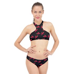 Red, hot jalapeno peppers, chilli pepper pattern at black, spicy High Neck Bikini Set