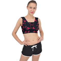 Red, hot jalapeno peppers, chilli pepper pattern at black, spicy V-Back Sports Bra