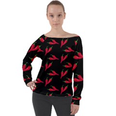 Red, hot jalapeno peppers, chilli pepper pattern at black, spicy Off Shoulder Long Sleeve Velour Top