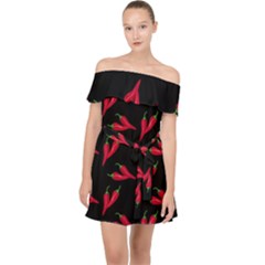 Red, hot jalapeno peppers, chilli pepper pattern at black, spicy Off Shoulder Chiffon Dress