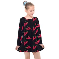 Red, hot jalapeno peppers, chilli pepper pattern at black, spicy Kids  Long Sleeve Dress