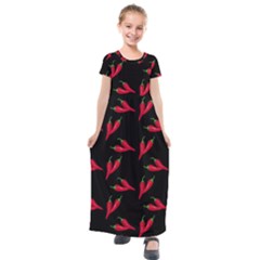 Red, hot jalapeno peppers, chilli pepper pattern at black, spicy Kids  Short Sleeve Maxi Dress