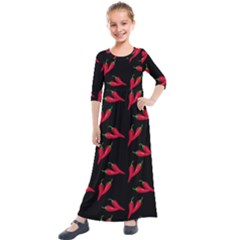 Red, hot jalapeno peppers, chilli pepper pattern at black, spicy Kids  Quarter Sleeve Maxi Dress