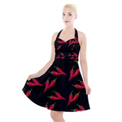 Red, hot jalapeno peppers, chilli pepper pattern at black, spicy Halter Party Swing Dress 