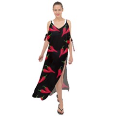 Red, hot jalapeno peppers, chilli pepper pattern at black, spicy Maxi Chiffon Cover Up Dress