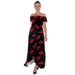 Red, hot jalapeno peppers, chilli pepper pattern at black, spicy Off Shoulder Open Front Chiffon Dress