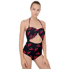 Red, hot jalapeno peppers, chilli pepper pattern at black, spicy Scallop Top Cut Out Swimsuit