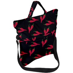 Red, hot jalapeno peppers, chilli pepper pattern at black, spicy Fold Over Handle Tote Bag