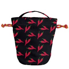 Red, Hot Jalapeno Peppers, Chilli Pepper Pattern At Black, Spicy Drawstring Bucket Bag by Casemiro