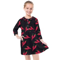 Red, hot jalapeno peppers, chilli pepper pattern at black, spicy Kids  Quarter Sleeve Shirt Dress