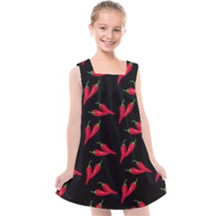 Red, hot jalapeno peppers, chilli pepper pattern at black, spicy Kids  Cross Back Dress