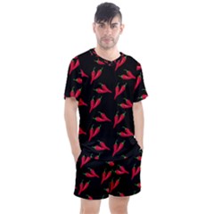 Red, hot jalapeno peppers, chilli pepper pattern at black, spicy Men s Mesh Tee and Shorts Set
