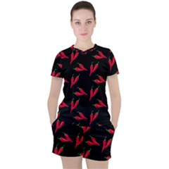 Red, hot jalapeno peppers, chilli pepper pattern at black, spicy Women s Tee and Shorts Set