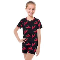 Red, hot jalapeno peppers, chilli pepper pattern at black, spicy Kids  Mesh Tee and Shorts Set