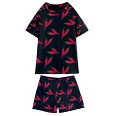 Red, hot jalapeno peppers, chilli pepper pattern at black, spicy Kids  Swim Tee and Shorts Set