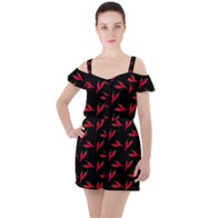 Red, hot jalapeno peppers, chilli pepper pattern at black, spicy Ruffle Cut Out Chiffon Playsuit