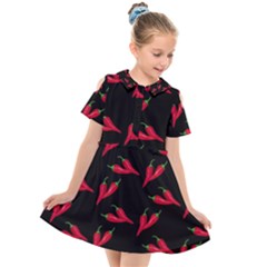 Red, hot jalapeno peppers, chilli pepper pattern at black, spicy Kids  Short Sleeve Shirt Dress
