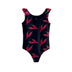Red, hot jalapeno peppers, chilli pepper pattern at black, spicy Kids  Frill Swimsuit
