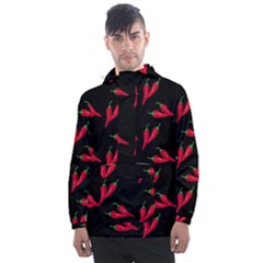 Red, hot jalapeno peppers, chilli pepper pattern at black, spicy Men s Front Pocket Pullover Windbreaker