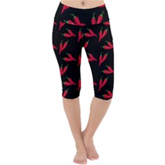 Red, Hot Jalapeno Peppers, Chilli Pepper Pattern At Black, Spicy Lightweight Velour Cropped Yoga Leggings