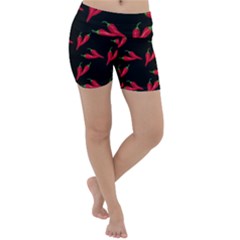 Red, hot jalapeno peppers, chilli pepper pattern at black, spicy Lightweight Velour Yoga Shorts