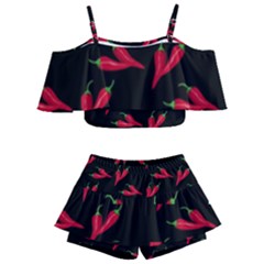 Red, hot jalapeno peppers, chilli pepper pattern at black, spicy Kids  Off Shoulder Skirt Bikini