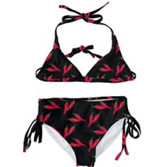 Red, hot jalapeno peppers, chilli pepper pattern at black, spicy Kids  Classic Bikini Set