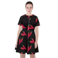 Red, hot jalapeno peppers, chilli pepper pattern at black, spicy Sailor Dress
