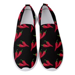 Red, Hot Jalapeno Peppers, Chilli Pepper Pattern At Black, Spicy Women s Slip On Sneakers by Casemiro