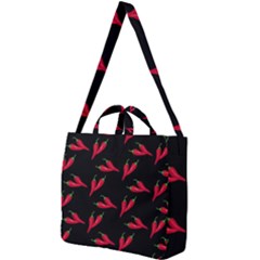 Red, Hot Jalapeno Peppers, Chilli Pepper Pattern At Black, Spicy Square Shoulder Tote Bag by Casemiro