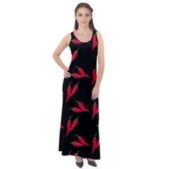 Red, Hot Jalapeno Peppers, Chilli Pepper Pattern At Black, Spicy Sleeveless Velour Maxi Dress