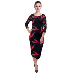 Red, hot jalapeno peppers, chilli pepper pattern at black, spicy Quarter Sleeve Midi Velour Bodycon Dress