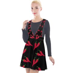 Red, hot jalapeno peppers, chilli pepper pattern at black, spicy Plunge Pinafore Velour Dress