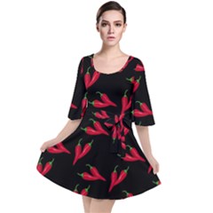 Red, hot jalapeno peppers, chilli pepper pattern at black, spicy Velour Kimono Dress